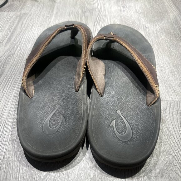 Olukai Kua\'aina Black Brown Leather Espresso Flip Flop Sandals Mens Size 12